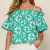 She She Boutique CLOTHING Off The Shoulder Embroidered Top - White/Green OR White/Pink