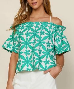 She She Boutique CLOTHING Off The Shoulder Embroidered Top - White/Green OR White/Pink