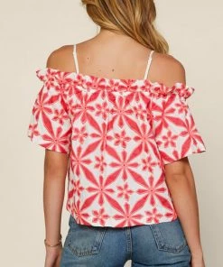 She She Boutique CLOTHING Off The Shoulder Embroidered Top - White/Green OR White/Pink