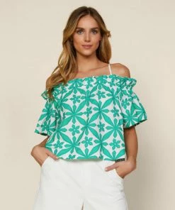 She She Boutique CLOTHING Off The Shoulder Embroidered Top - White/Green OR White/Pink