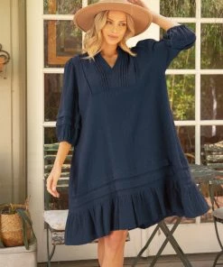 She She Boutique Raw Edge Gauze Dress - Navy OR Mustard NEW ARRIVALS