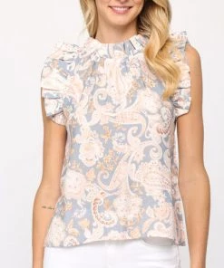 She She Boutique CLOTHING Paisley Print Top - Powder Blue Multi