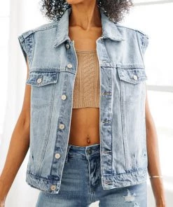 She She Boutique Denim Vest - Medium Wash CLOTHING