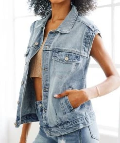 She She Boutique Denim Vest - Medium Wash CLOTHING