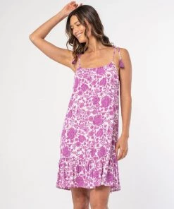 She She Boutique Floral Shoulder Tie Dress - Ivory/Lilac