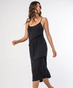 She She Boutique Asymmetrical Ruffle Tiered Midi Dress - Black