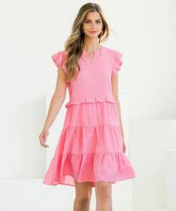 She She Boutique Flutter Sleeve Dress - Cream OR Pink