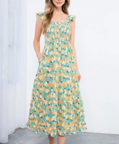 She She Boutique Smocked Floral Dress - Mustard