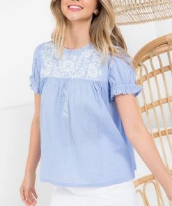 She She Boutique Embroidered Short Sleeve Top - Blue