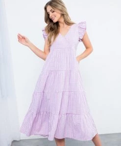 She She Boutique Gingham Midi Dress - Lilac CLOTHING