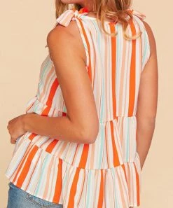 She She Boutique CLOTHING Stripe Tiered Top - Orange/Mint