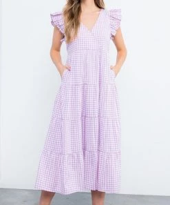 She She Boutique Gingham Midi Dress - Lilac CLOTHING