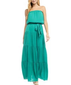 She She Boutique CLOTHING Strapless Tiered Maxi Dress - Emerald