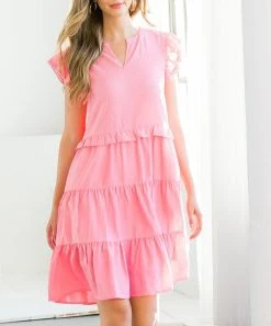 She She Boutique Flutter Sleeve Dress - Cream OR Pink