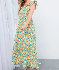 She She Boutique Smocked Floral Dress - Mustard
