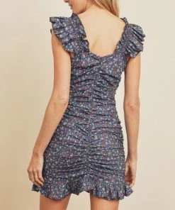 She She Boutique CLOTHING Ruched Floral Dress - True Blue