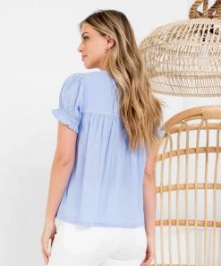 She She Boutique Embroidered Short Sleeve Top - Blue