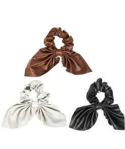 She She Boutique Faux Leather Scrunchie With Tie Set Of Three - Black, Ivory & Brown