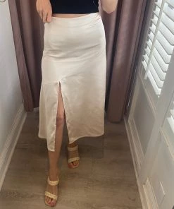 She She Boutique CLOTHING Midi Satin Skirt - Champagne