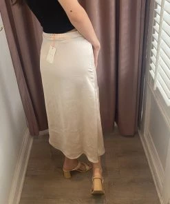 She She Boutique CLOTHING Midi Satin Skirt - Champagne