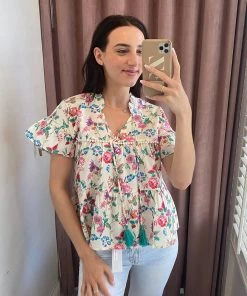 She She Boutique CLOTHING Floral Tiered Top - Cream