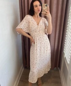 She She Boutique Floral Kimono Sleeve Dress - Ivory/Marsala CLOTHING