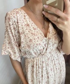 She She Boutique Floral Kimono Sleeve Dress - Ivory/Marsala CLOTHING