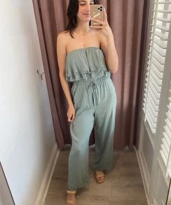 She She Boutique CLOTHING Frayed Hem Jumpsuit - Sage