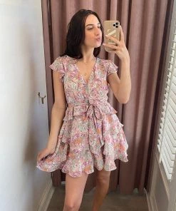 She She Boutique Floral Ruffle Dress With Tie Waist - Purple Multi