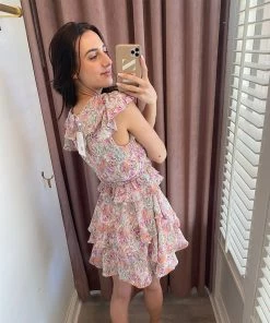 She She Boutique Floral Ruffle Dress With Tie Waist - Purple Multi