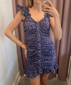 She She Boutique CLOTHING Ruched Floral Dress - True Blue