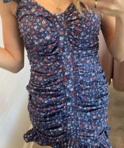 She She Boutique CLOTHING Ruched Floral Dress - True Blue