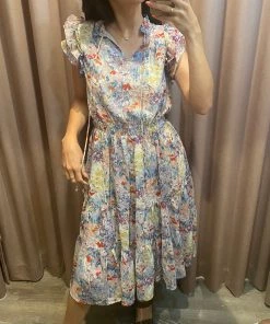 She She Boutique Floral Ruffle Midi Dress - Blue Multi CLOTHING