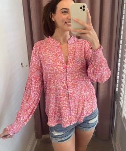She She Boutique CLOTHING Water Print Blouse - Pink Multi
