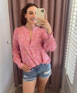 She She Boutique CLOTHING Water Print Blouse - Pink Multi