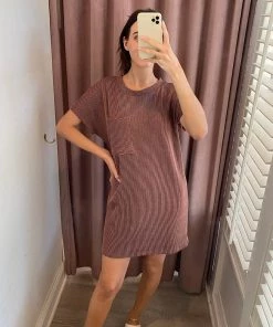 She She Boutique Ribbed Short Sleeve Dress - Forest OR Chocolate