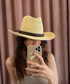 She She Boutique Straw Hat With Brown Braided Band - Ivory