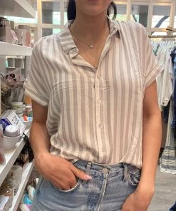 She She Boutique Stripe Button Down Top - Natural