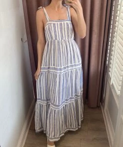 She She Boutique CLOTHING Square Neck Maxi Dress - Ivory/Blue