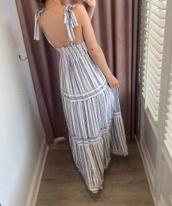 She She Boutique CLOTHING Square Neck Maxi Dress - Ivory/Blue