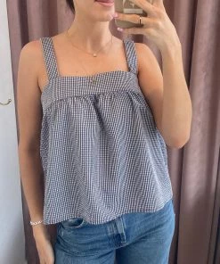 She She Boutique Sleeveless Gingham Top - White/Navy CLOTHING