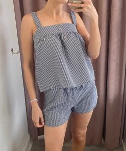 She She Boutique Sleeveless Gingham Top - White/Navy CLOTHING