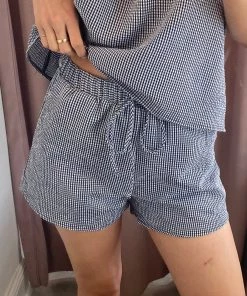 She She Boutique Gingham Shorts - White/Blue CLOTHING