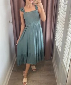 She She Boutique Smocked Midi Dress - Sage