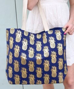 She She Boutique HANDBAGS Oceana Foil Pineapple Tote Bag - Navy, White, Mint, Coral OR Light Blue