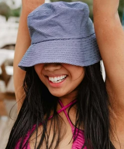 She She Boutique CLOTHING Blue Denim Bucket Hat - Navy/White Stripe