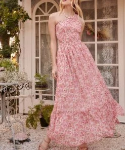 She She Boutique One Shoulder Floral Dress - Cream/Pink