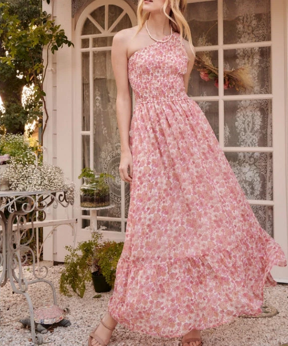 She She Boutique One Shoulder Floral Dress - Cream/Pink 3 She She Boutique One Shoulder Floral Dress - Cream/Pink