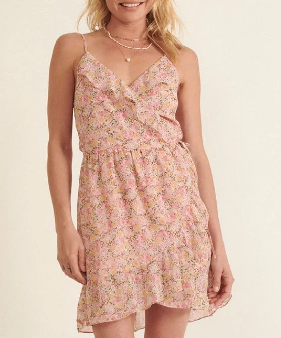 She She Boutique CLOTHING Floral Surplice Wrapped Dress - Apricot/Pink 3 She She Boutique CLOTHING Floral Surplice Wrapped Dress - Apricot/Pink