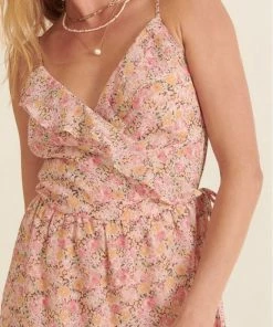 She She Boutique CLOTHING Floral Surplice Wrapped Dress - Apricot/Pink 8 She She Boutique CLOTHING Floral Surplice Wrapped Dress - Apricot/Pink